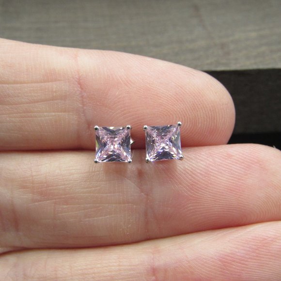 Sterling Small Cubic Zirconia Pink Square Earrings - Picture 2 of 7